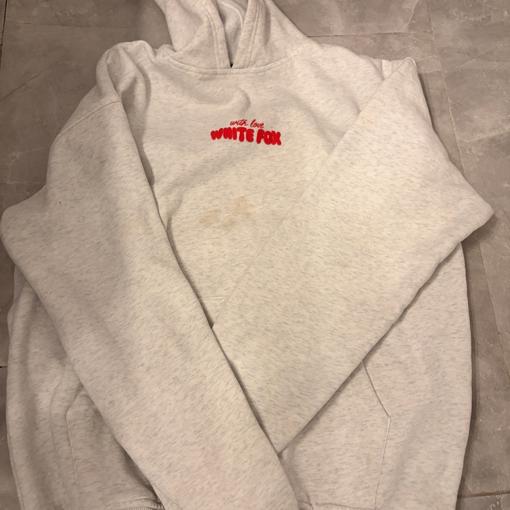White Fox Boutique Light Gray Hoodie with Red Logo